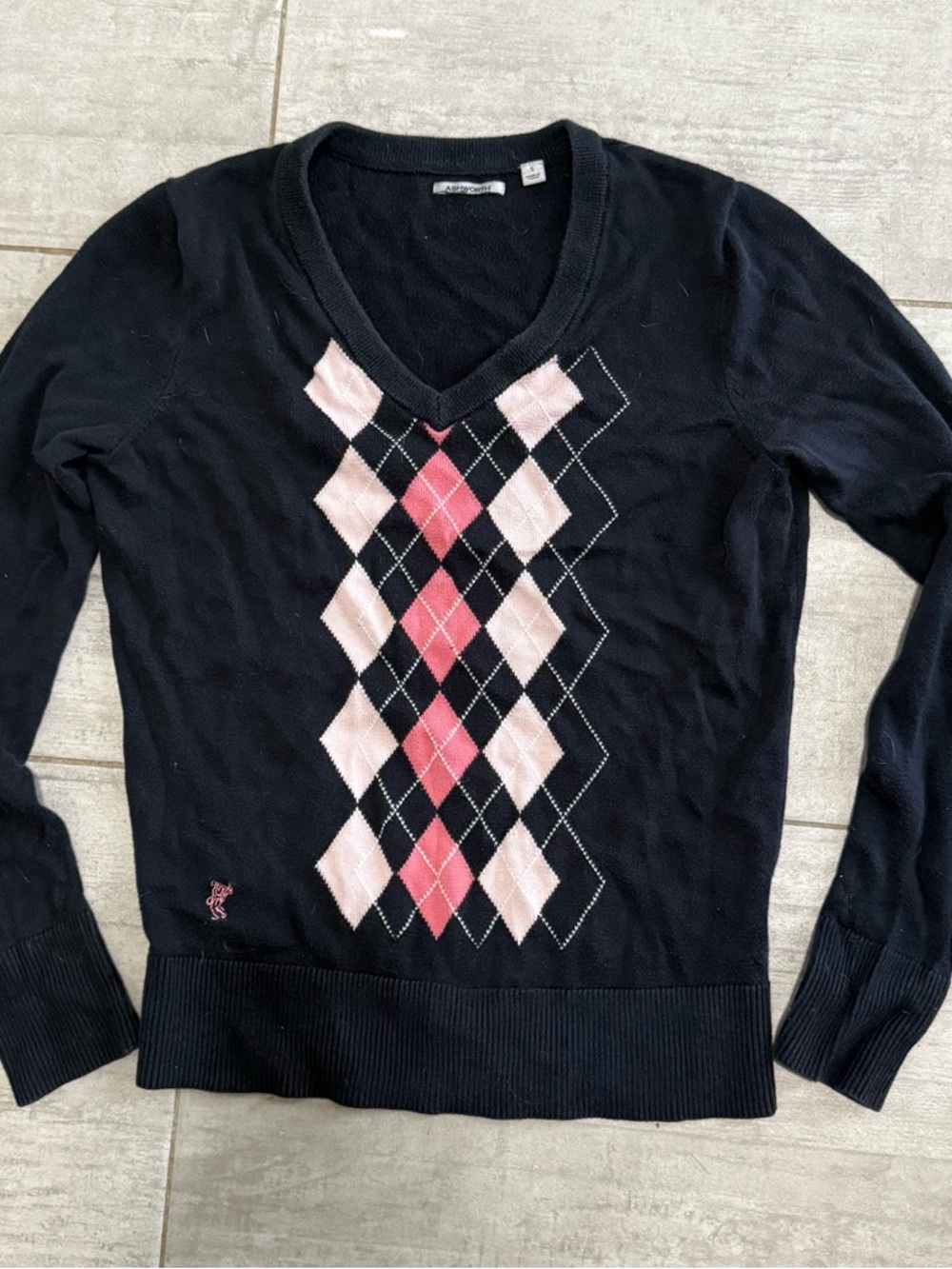 Vintage V-Neck Sweater with Pink Argyle